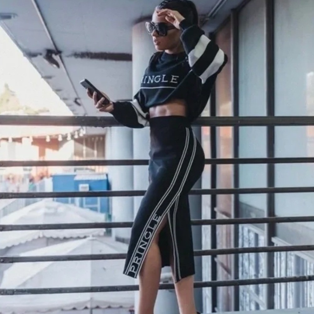 Pringle of Scotland x H&M Black Ribbed Knit Midi Logo Skirt Size L Preppy Sporty